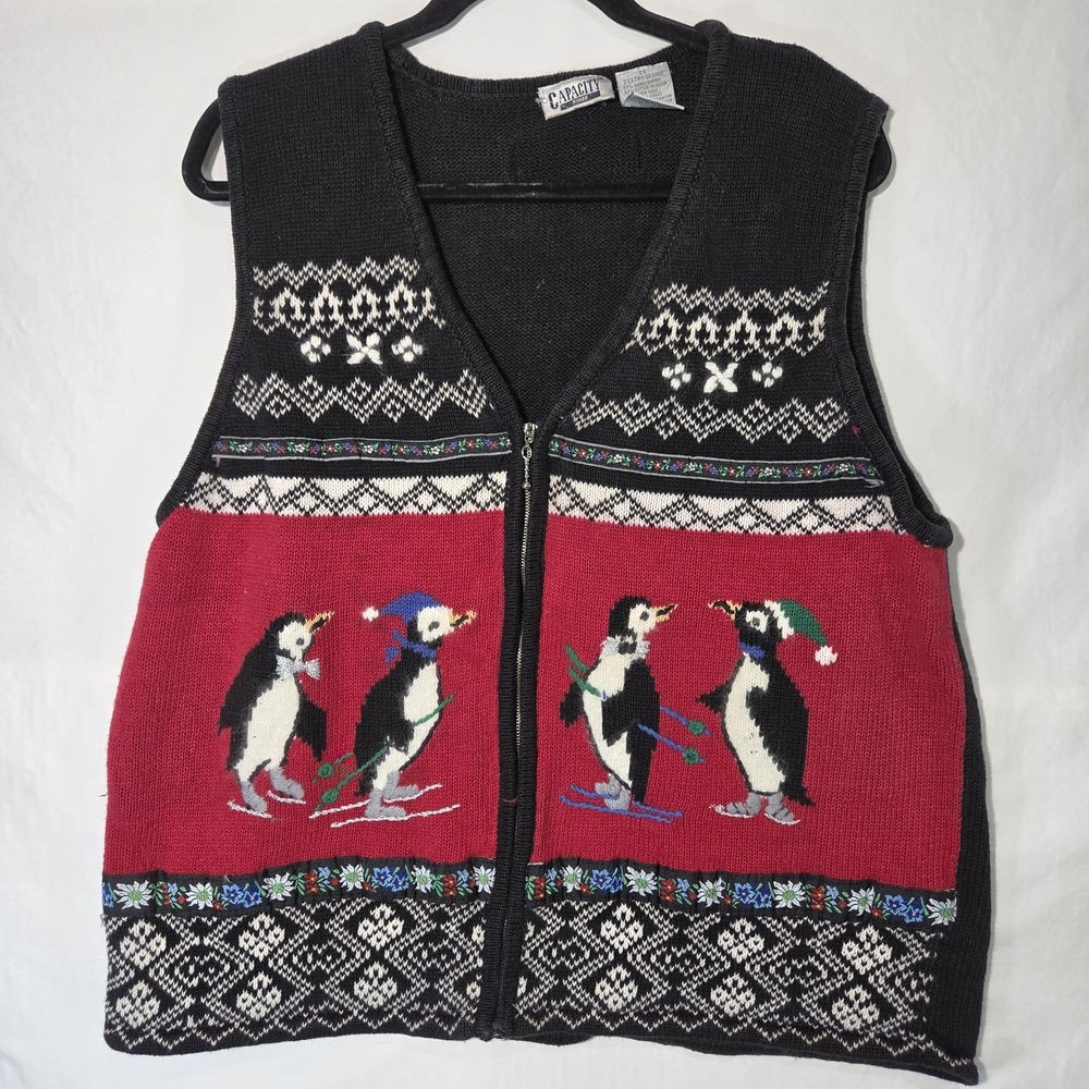 Capacity Sweater Vest Women 2X Black Vintage Christmas Penguin Nordic Fair Isle